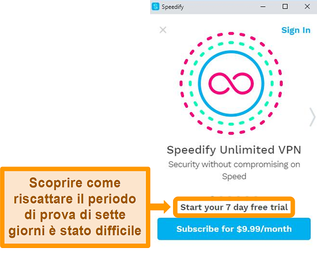 Screenshot della schermata di avvio di Speedify