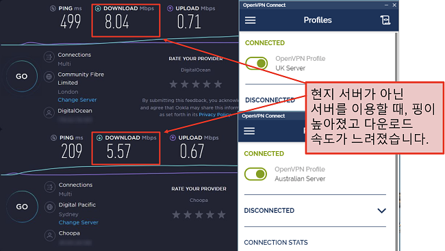 두 개의 속도 테스트 스크린 샷, 하나는 런던 서버, 다른 하나는 시드니 서버