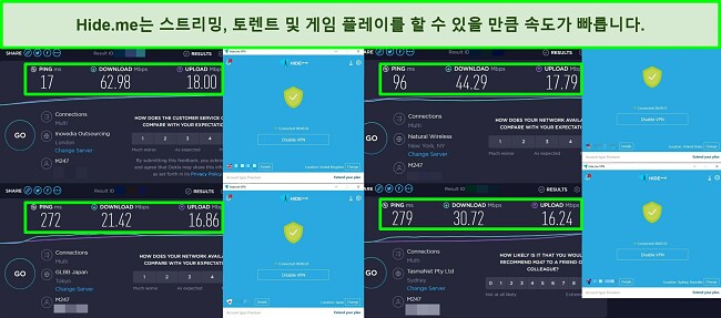 4개의 hide.me 서버에서 수행된 속도 테스트의 스크린샷