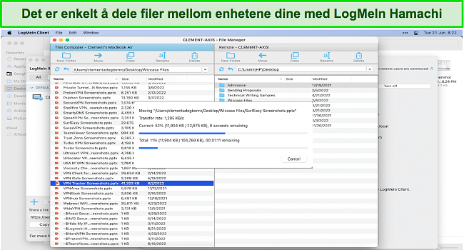 Skjermbilde av LogMeIn Hamachi som brukes til å dele filer mellom Mac- og Windows-enheter
