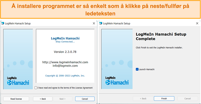 Skjermbilde av installasjonsprosessen for LogMeIn Hamachi