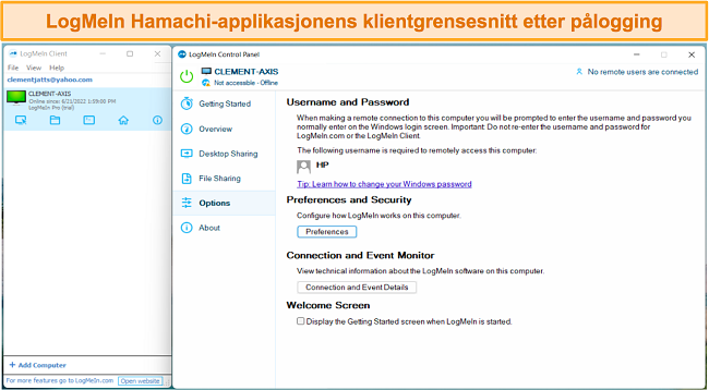 Skjermbilde av LogMeIn Hamachis brukergrensesnitt