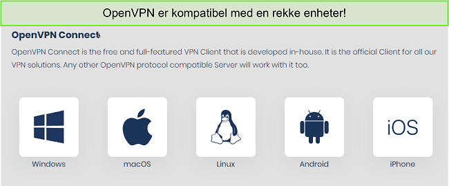 Skjermbilde av enheter du kan få OpenVPN på.