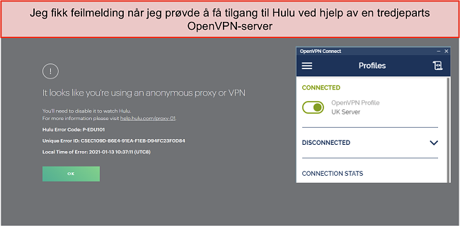 Skjermbilde av Hulu VPN-feil, med OpenVPN-appen åpen ved siden av.