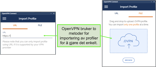 Skjermbilde av de to måtene du kan importere serverprofiler til OpenVPN UI.
