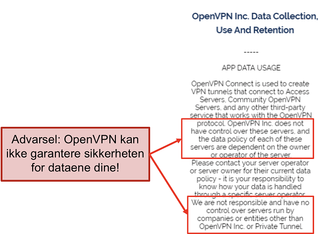 skjermbilde av OpenVPNs personvernregler.