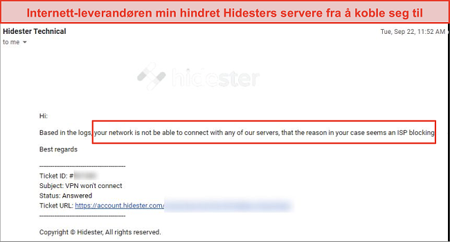 Skjermbilde av Hidester blokkert av ISP