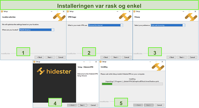 Skjermbilder av Hidesters installasjonsprosess