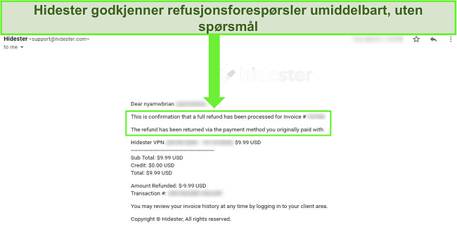 Skjermbilde av støtte fra Hidester som godkjenner refusjon