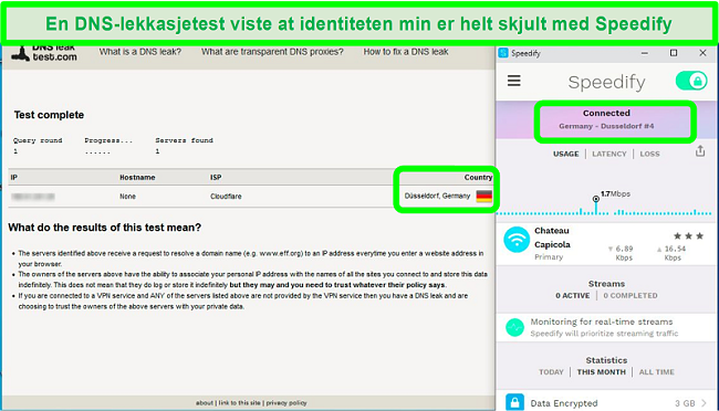 Skjermbilde av en DNS-lekkasjetest mens Speedify er koblet til en tysk server