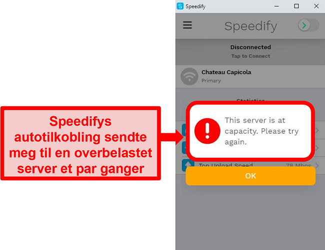 Skjermbilde av Speedifys brukergrensesnitt som viser en feilmelding om at en server har kapasitet