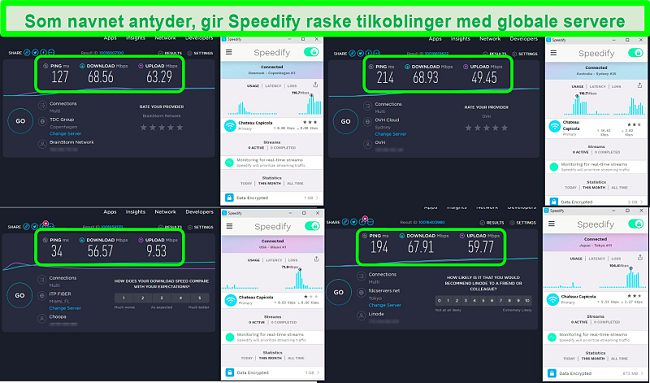 Skjermbilde av hastighetstester mens Speedify er koblet til servere i Danmark, Australia, USA og Japan