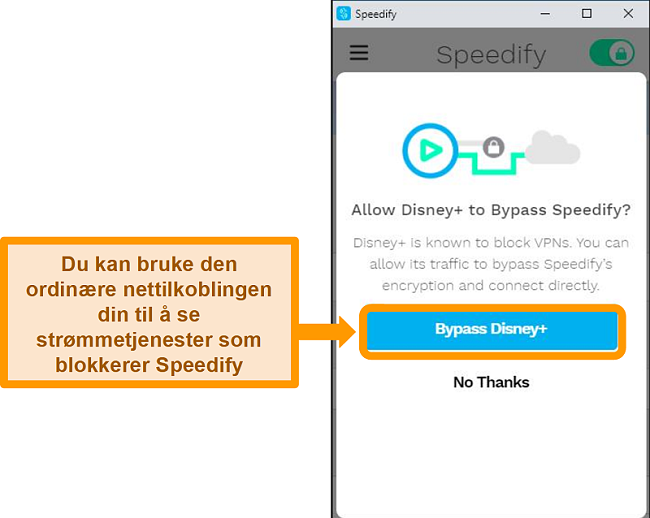 Skjermbilde av Speedifes brukergrensesnitt som viser et bypass-alternativ for Disney +