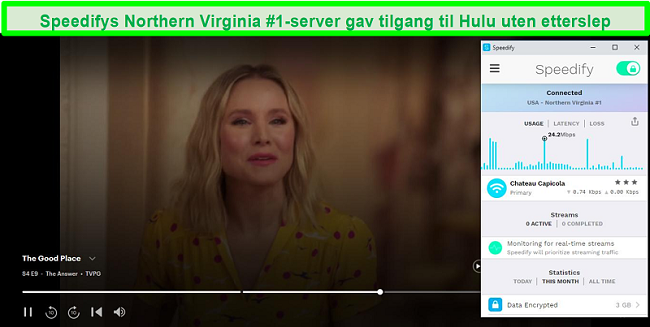 Skjermbilde av Netflix som spiller Unbreakable Kimmy Schmidt mens Speedify er koblet til en server på spansk