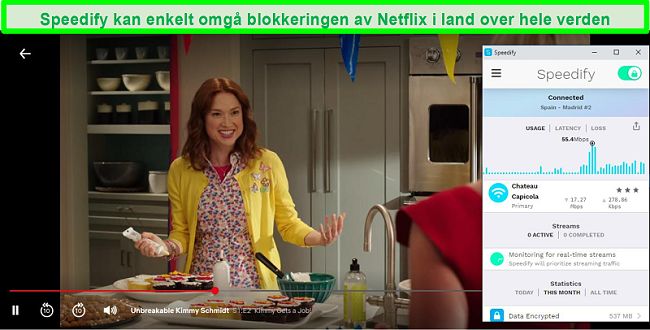 Skjermbilde av Netflix som spiller Unbreakable Kimmy Schmidt mens Speedify er koblet til en server på spansk