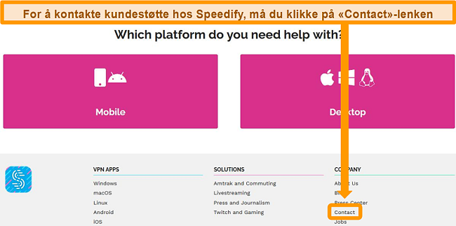 Skjermbilde av støttesiden på Speedifys nettsted