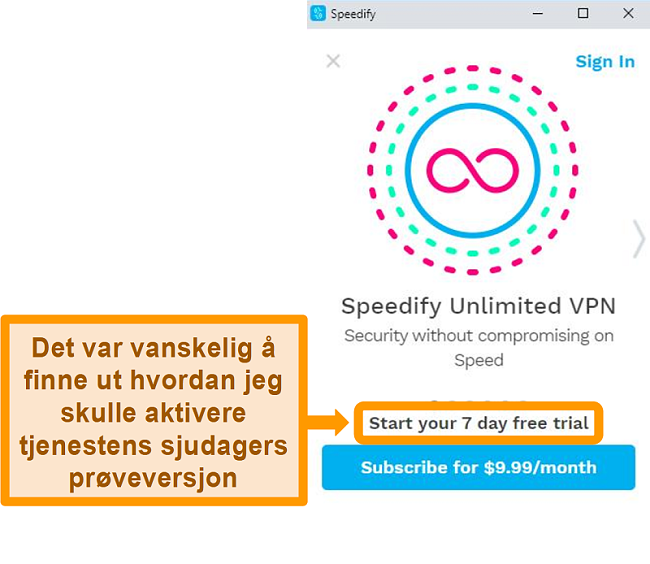 Skjermbilde av Speedifys oppstartsskjerm