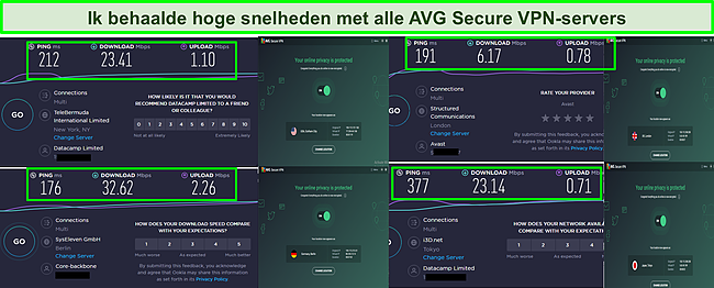 Screenshot van AVG Secure VPN-snelheidstests met behulp van de servers van New York, Londen, Berlijn en Tokyo.