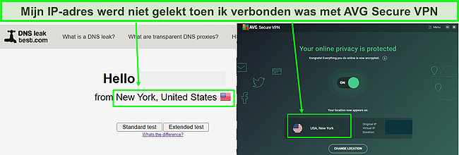 Screenshot waaruit blijkt dat AVG Secure VPN mijn echte IP-adres niet heeft gelekt tijdens mijn tests.