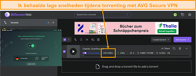 Schermafbeelding die laat zien dat AVG Secure VPN lage snelheden produceerde tijdens torrenting met de P2P-server in Duitsland.