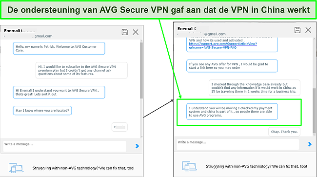 Schermafbeelding met AVG Secure VPN Support Agent die me informeert dat de VPN werkt in China.