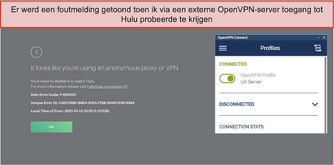 Screenshot van Hulu VPN-fout, met OpenVPN-app ernaast geopend.