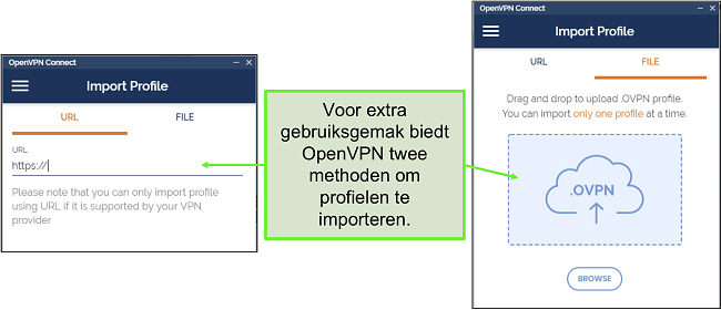 Screenshot van de twee manieren waarop u serverprofielen in de OpenVPN UI kunt importeren.
