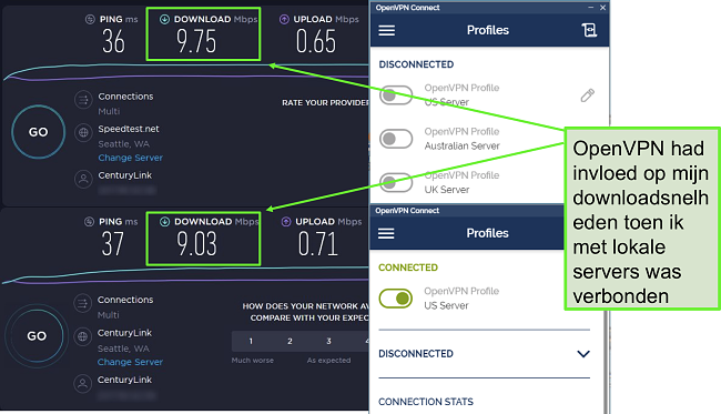 Screenshot van twee speedtests met zeer vergelijkbare gegevens, beide gebruiken een server in Seattle.