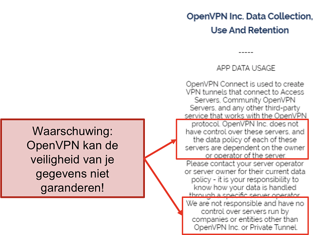 screenshot van het privacybeleid van OpenVPN.