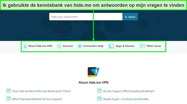 Screenshot van de Knowledge Base-pagina van hide.me