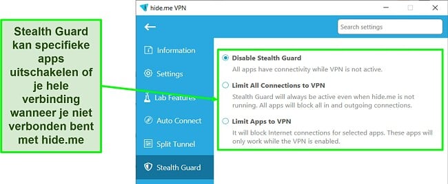 Screenshot van Stealth Guard-instellingen in de Windows-app van hide.me