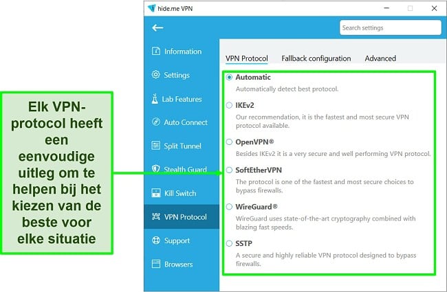 Screenshot van de VPN-protocollijst van hide.me