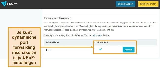 Screenshot van de dynamische port forwarding-instellingen van hide.me