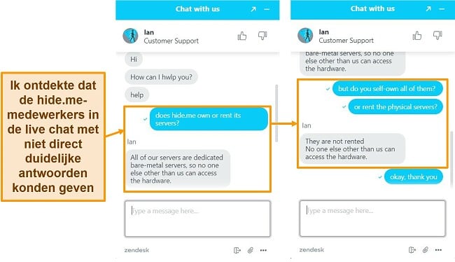 Screenshots van een live chatgesprek met een hide.me agent
