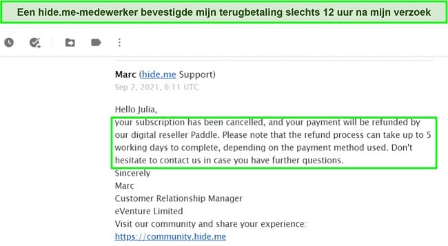 Screenshot van een e-mail waarin een terugbetaling van hide.me wordt goedgekeurd