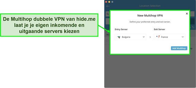 Screenshot van het maken van een Multihop dubbele VPN-verbinding in de MacOS-app van hide.me