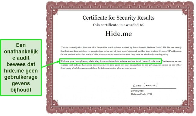 Screenshot van het beveiligingscertificaat dat is toegekend aan hide.me om het beleid voor geen loggen te bevestigen
