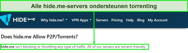 Screenshot van de FAQ van hide.me waarin wordt bevestigd dat de VPN torrenting ondersteunt