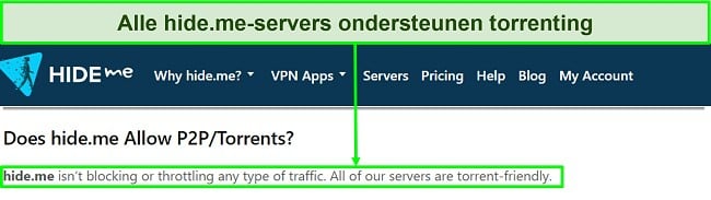 Screenshot van de FAQ van hide.me waarin wordt bevestigd dat de VPN torrenting ondersteunt