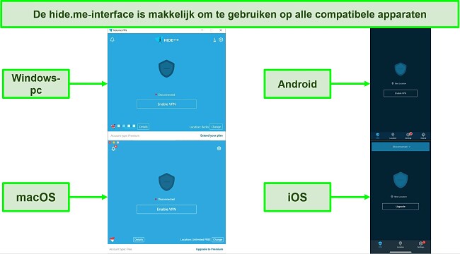 Schermafbeeldingen van de app-interface van hide.me op Windows, Android, macOS en iOS