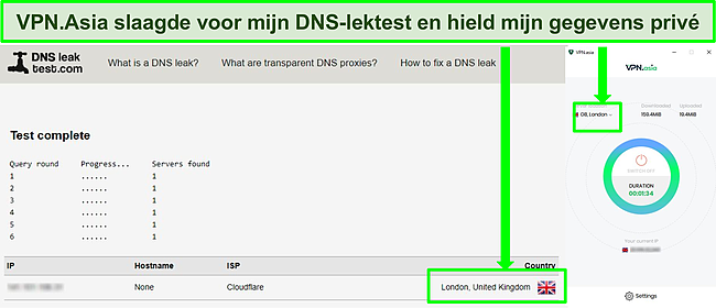 Screenshot van een succesvolle DNS-lektest terwijl VPN.Asia is verbonden met een server in het VK.