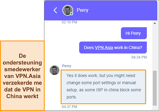 Screenshot van VPN.Asia's live chat-agent die bevestigt dat VPN.Asia in China werkt.