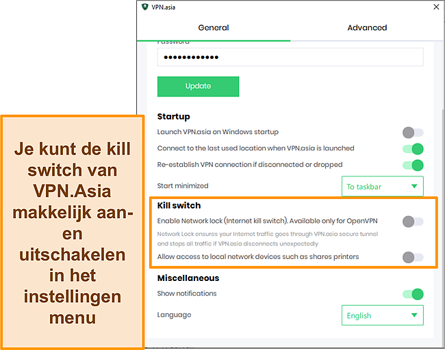 Screenshot van VPN.Asia's kill switch-instellingen.