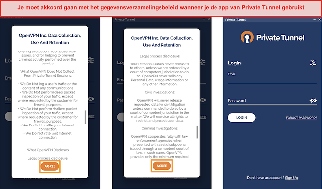 Screenshot van de app van Private Tunnel met het beleid voor gegevensverzameling, -gebruik en -bewaring