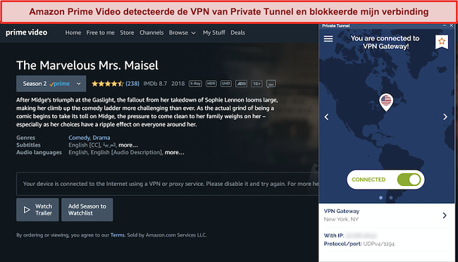 Schermafbeelding van Amazon Prime die privétunnel blokkeert