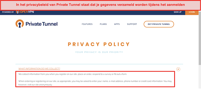 Screenshot van het privacybeleid van Private Tunnel