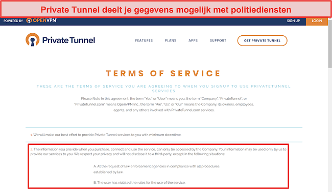 Screenshot van de Servicevoorwaarden van Private Tunnel