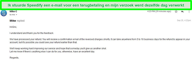Screenshot van een e-mail van Speedify-ondersteuning die een terugbetalingsverzoek verwerkt