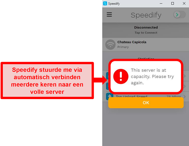 Screenshot van de gebruikersinterface van Speedify met een foutmelding dat een server vol is