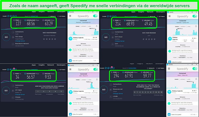 Screenshot van snelheidstests terwijl Speedify is verbonden met servers in Denemarken, Australië, de VS en Japan